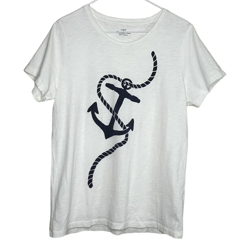 J. Crew White Short Sleeve Tee with Navy Anchor Graphic size large